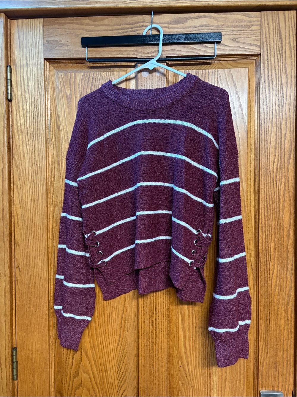 SO Burgundy and White Striped Lace-Up Hem Crew Sweater